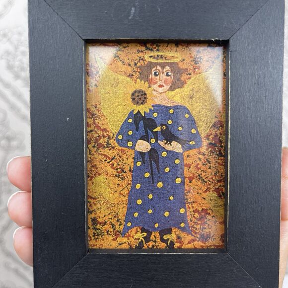 Vintage Folk Art 2 Miniature Painting Signed Annie B Giblin Angel Crow Sunflower - Picture 11 of 13